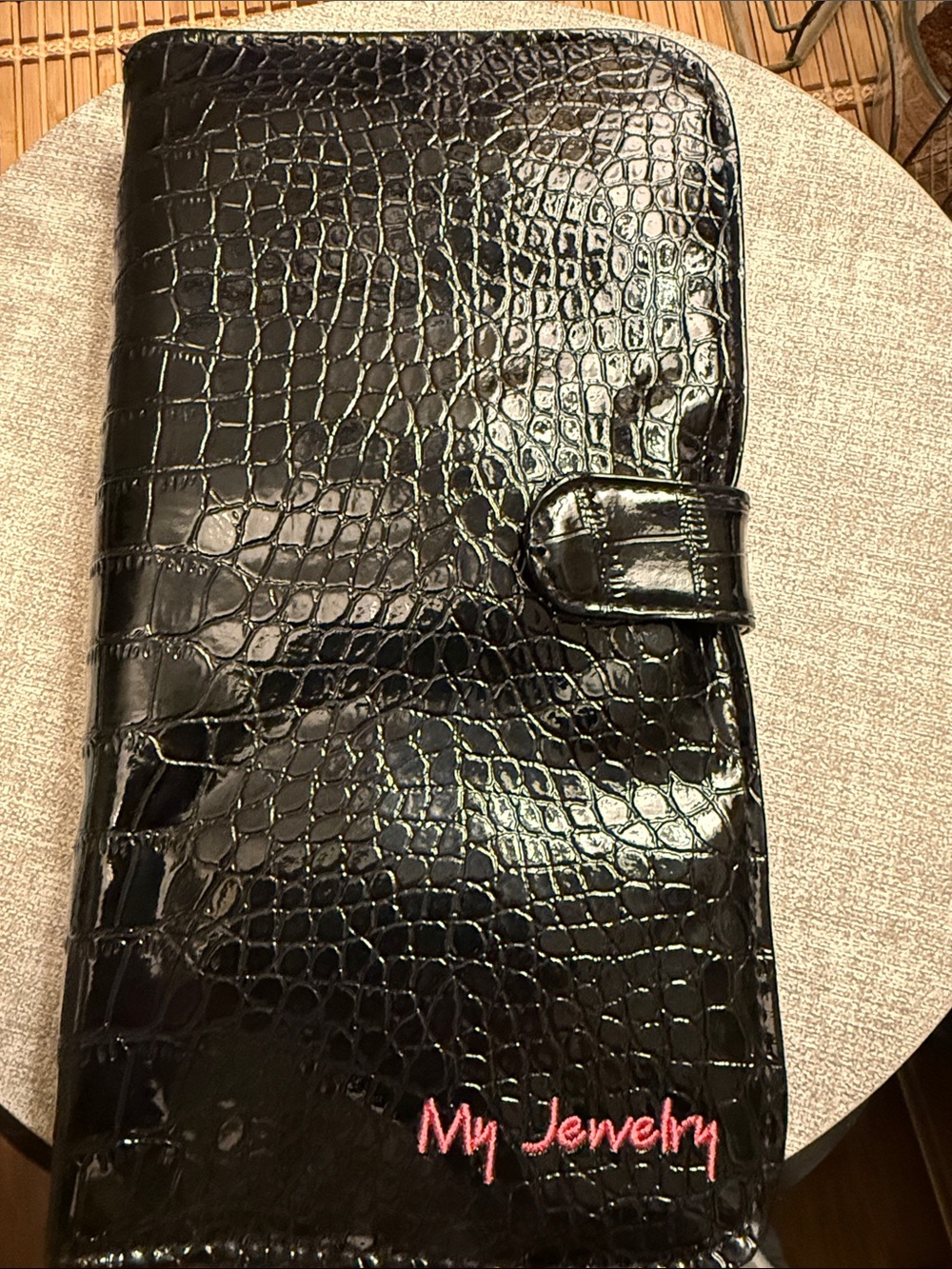 Black Croc-Embossed Jewelry Organizer with Snap Closure